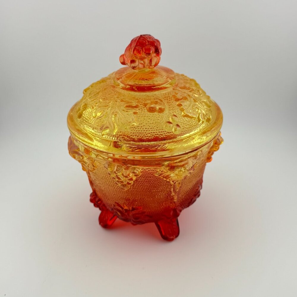 Vintage Jeanette Amberina Harvest Grapes Footed Candy Dish w/Lid Carnival Glass - Picture 6 of 11